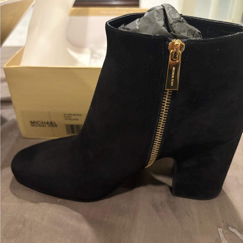 Michael Kors Suede Black Ankle Booties with Gold Zipper